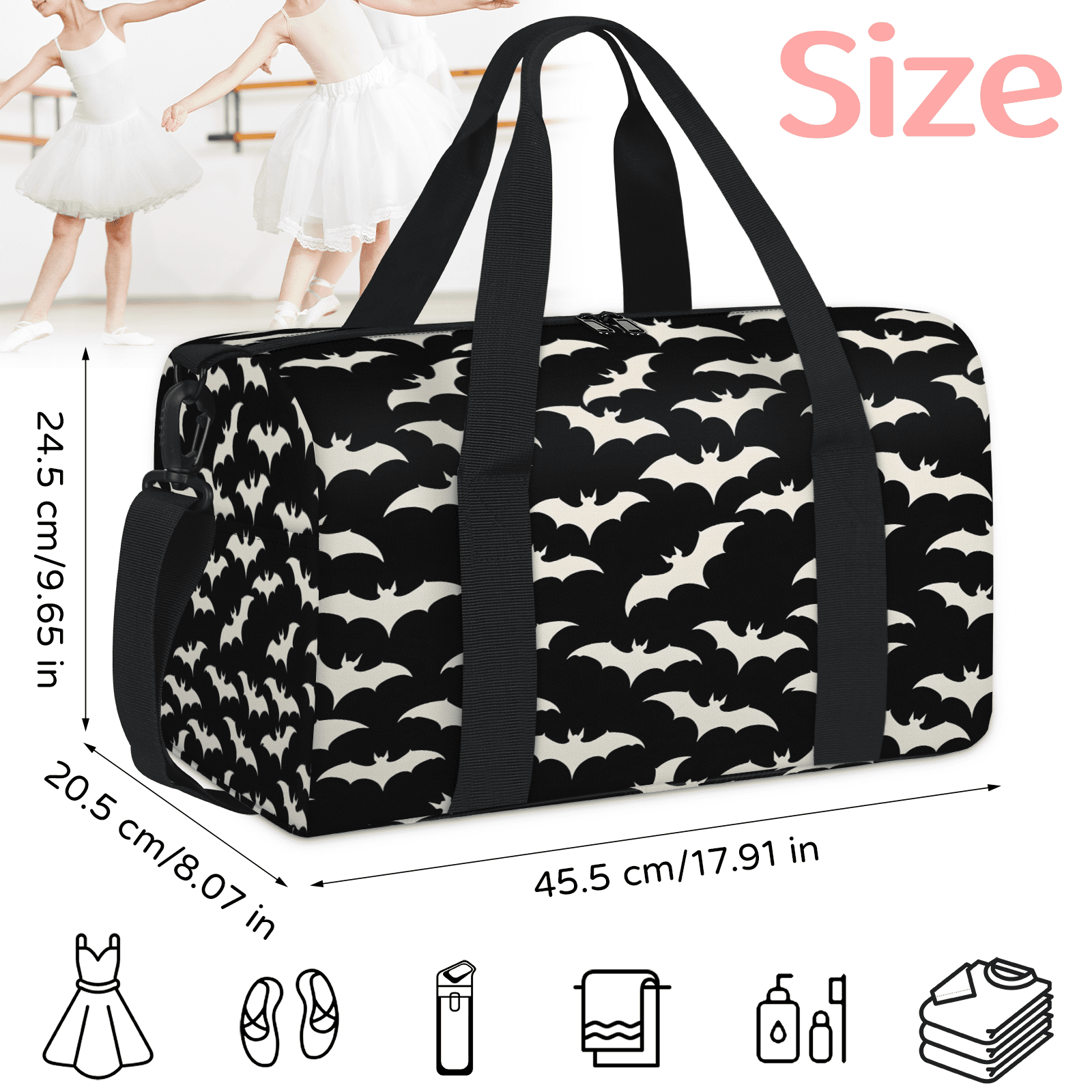 Herdesigns Spooky Halloween Travel Duffle Bag Sports Yoga Weekender Overnight Carry on Workout Bags Lightweight Waterproof Gym Tote Bag for Women Halloween Black and White Bats