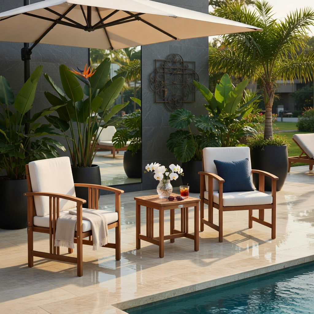 Hommoo 3-Piece Acacia Wood Outdoor Patio Sofa Set, Cushioned Garden Seating for Patio, Poolside & Backyard, White