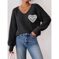 thumbnail image 5 of Sweaters for Female Lantern Sleeve Heart Print Pullover Embroidered Lace Patchwork Knit Pullover Black XL, 5 of 8