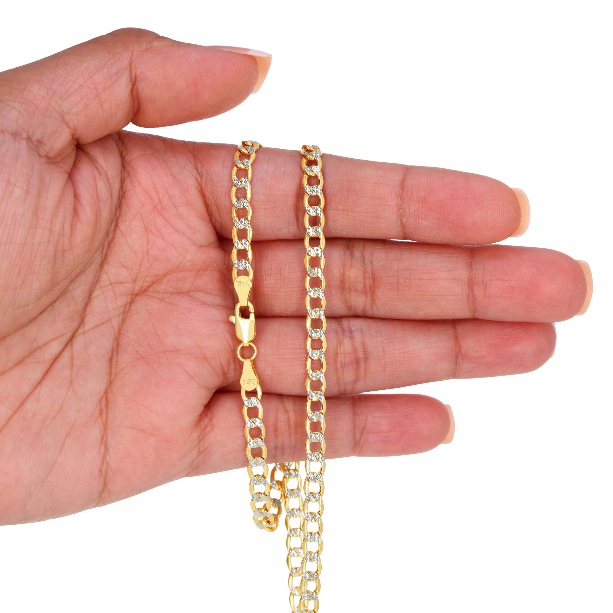 Nuragold 14k Real Yellow Gold Cuban Curb Link 4.5mm Diamond Cut Pave Chain Necklace (16"-26") Two Tone Italian Jewelry for Men & Women