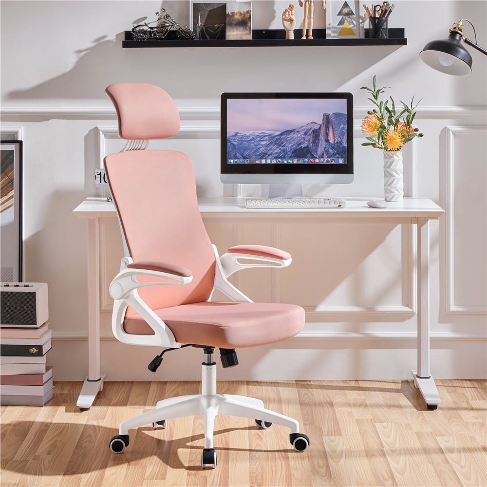 Yaheetech Mesh Office Chair with Adjustable Padded Headrest, White/Pink