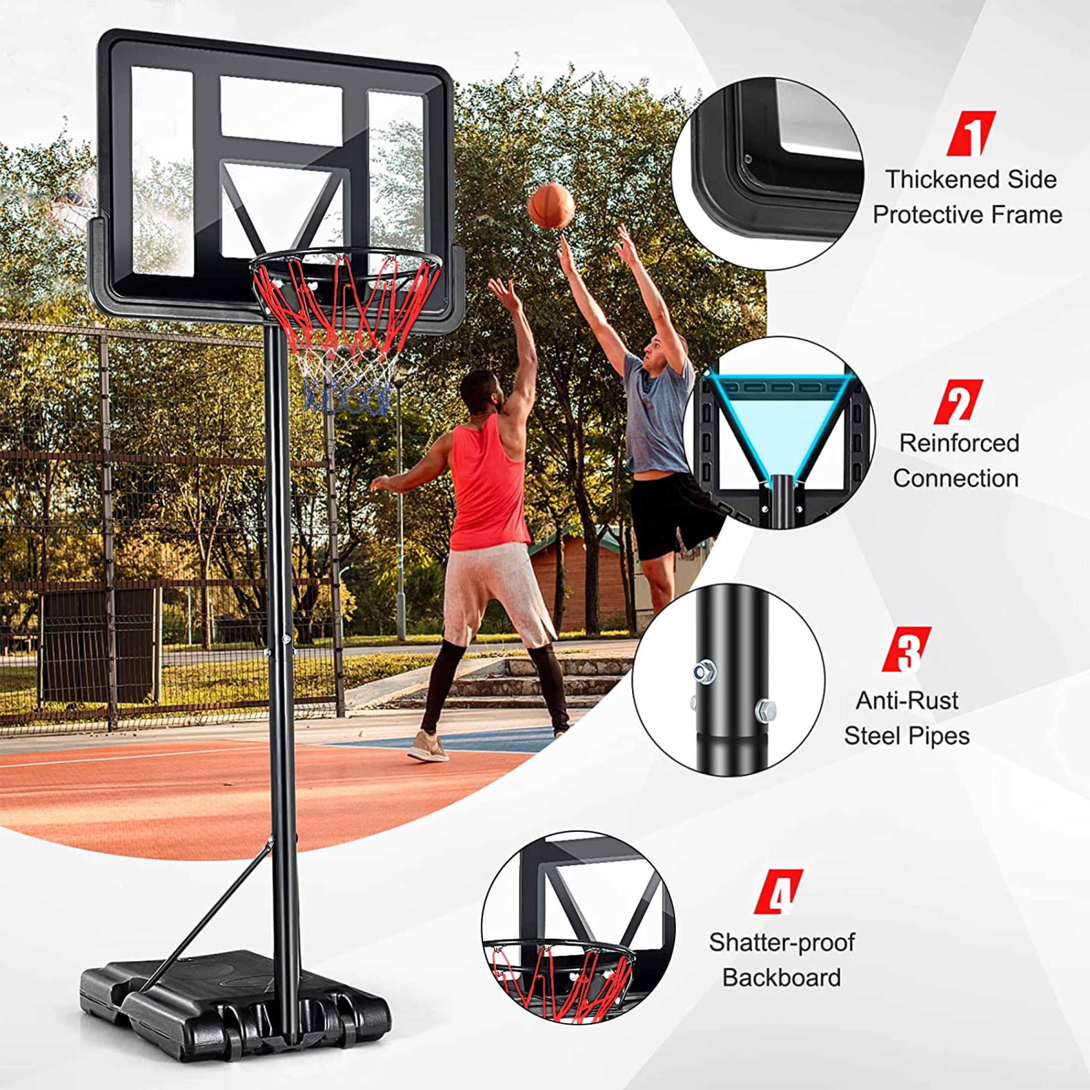 Portable Basketball Hoop Outdoor, 4.25FT-10FT Height Adjustable Basketball Goal, Shatterproof Backboard, Built-in Wheels, Basketball Stand