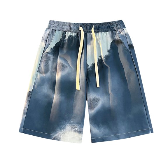 IYTR Mens Beach Shorts Summer Tie-Dye Drawstring Elastic Waist Shorts Wide Leg Shorts With Pocket Tropical Hawaiian Beach Shorts Dark Blue XXXL