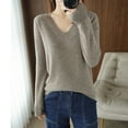 thumbnail image 2 of Women's V Neck Sweaters Knit Pullover Long Sleeve Tops Trendy Fall Winter Clothes,Z2-Khaki,S, 2 of 3