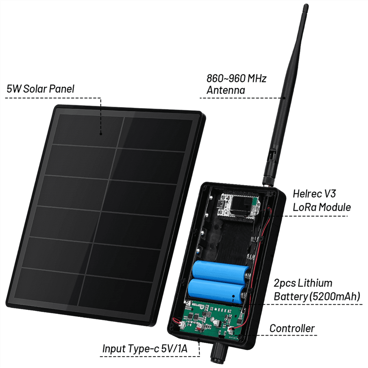 D5 Solar Node with 5V Panel ESP32 LoRa 32 V3 for WiFi Meshtastic LoRaWAN Heltec SX1262 Built in Battery