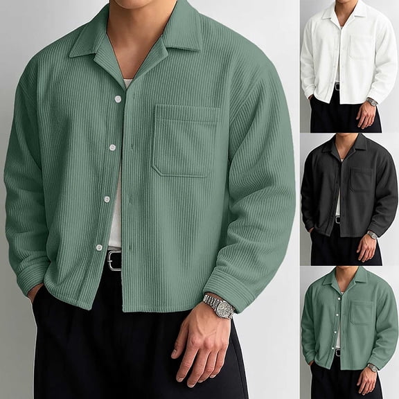 RYDCOT Men's Corduroy Dress Shirts Casual Western Long Sleeve Button Down Crop Shirt Shacket Jackets with Pocket White