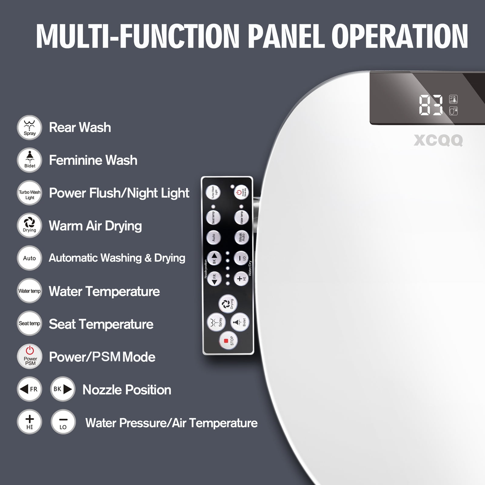XCQQ Electric Heated Bidet Toilet Seat with Warm Water Wash and Dryer, Elongated