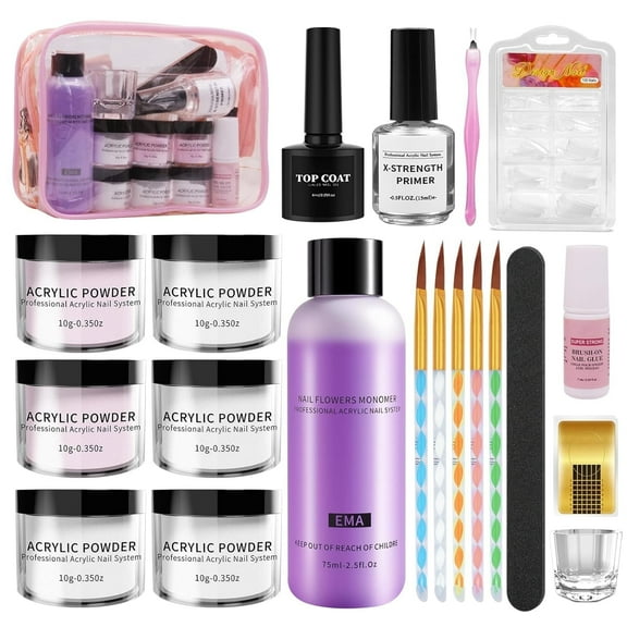 Beginner Acrylic Nail Kit - Complete Set with Clear/White/Pink Powder, Liquid & Activator, Brushes, Tips & Manicure Tools for Home Salon & DIY (Pink Gift Bag)