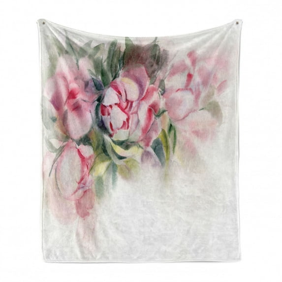 Peony Soft Flannel Fleece Throw Blanket, Watercolor Hand Drawn Romantic Flowers Illustration, Cozy Plush for Indoor and Outdoor Use, 60" x 80", Baby Pink Taupe, by Ambesonne