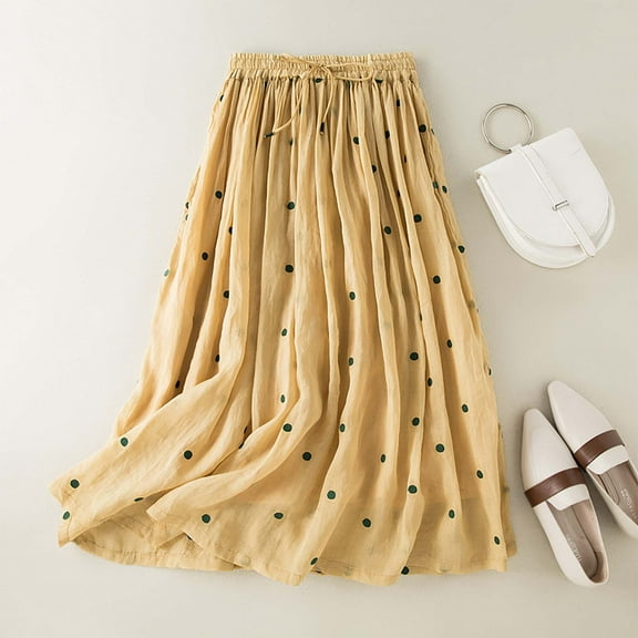 qelini Vintage Skirts for Women Pleated Long Skirt Lined Layer Elastic Waist A-line Skirt Linen Solid Color Skirt