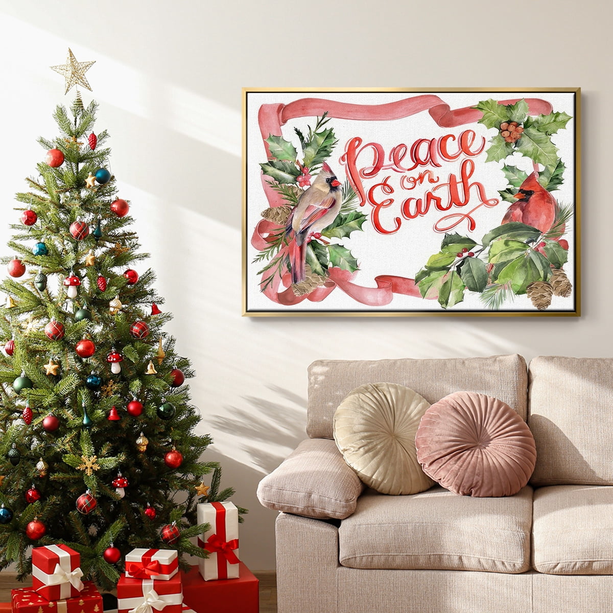 Cardinal Holly Christmas Collection A - Framed Gallery Wrapped Holiday Canvas - 17 x 25 - Gold Frame