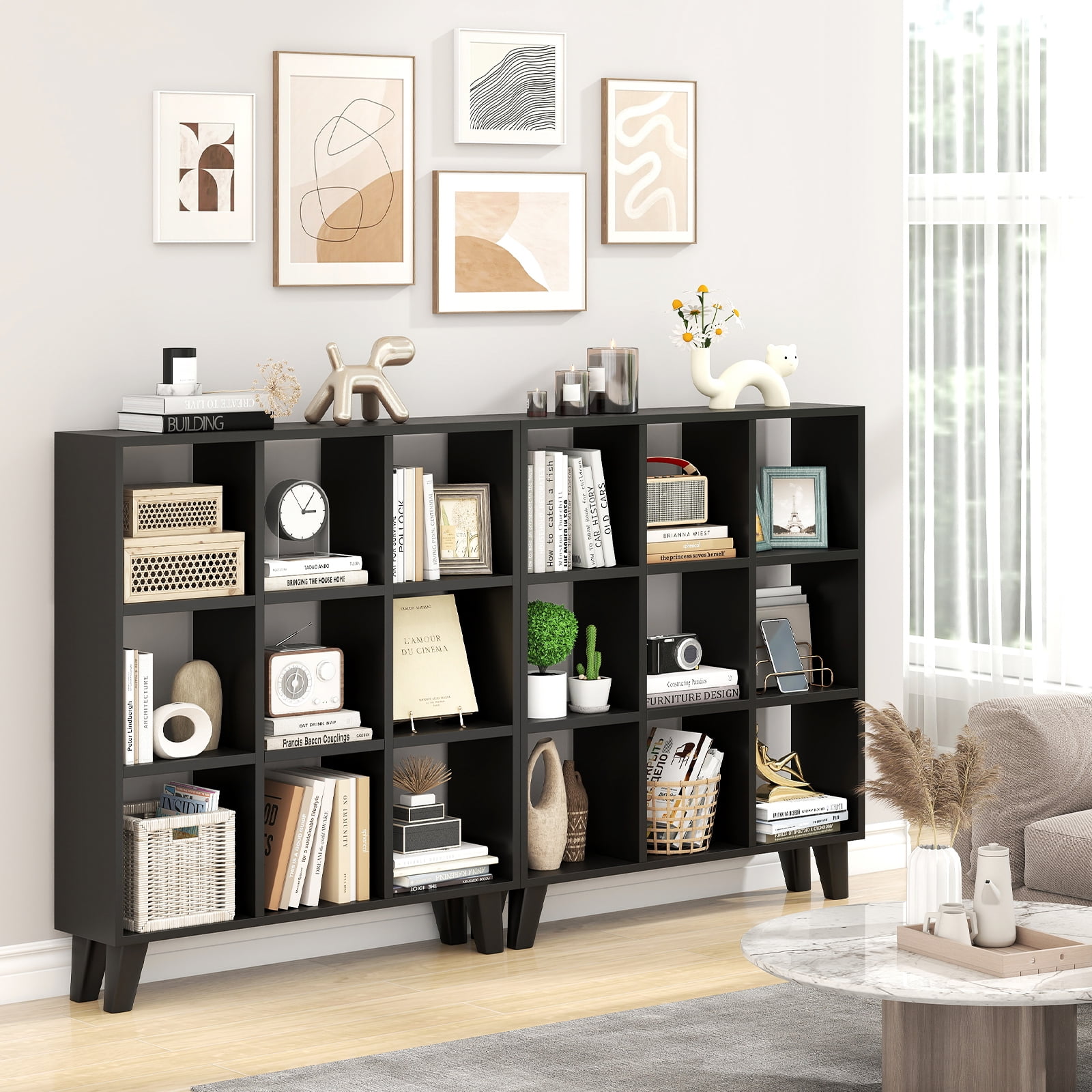 Costway 2PCS 9-Cube Bookcase with 6 Removable Shelves Raised Support Feet for Living Room Black