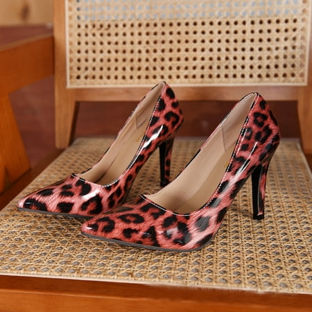 

Womens Buckle Formal Ankle Strap Pointed Toe Leopard Print Patent Business Spool High Heel Pumps Shoes 9cm