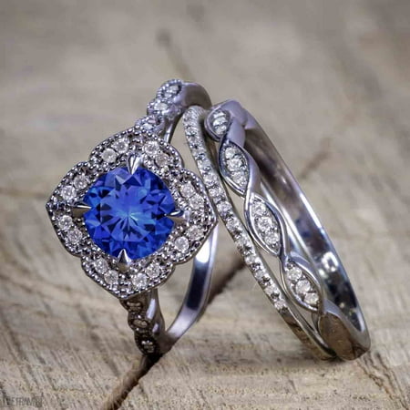 Black Women Wedding Ring Unique antique 2.50 Carat Real Sapphire and Cubic Trio Wedding Ring Set for Women in Silver with Black Gold Plating ()