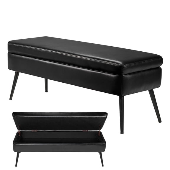 Modern Upholstered Storage Ottoman Bench with Metal Legs,PU Leather Entryway Shoe Bench for Living Room,Bedroom,Hallway,Black