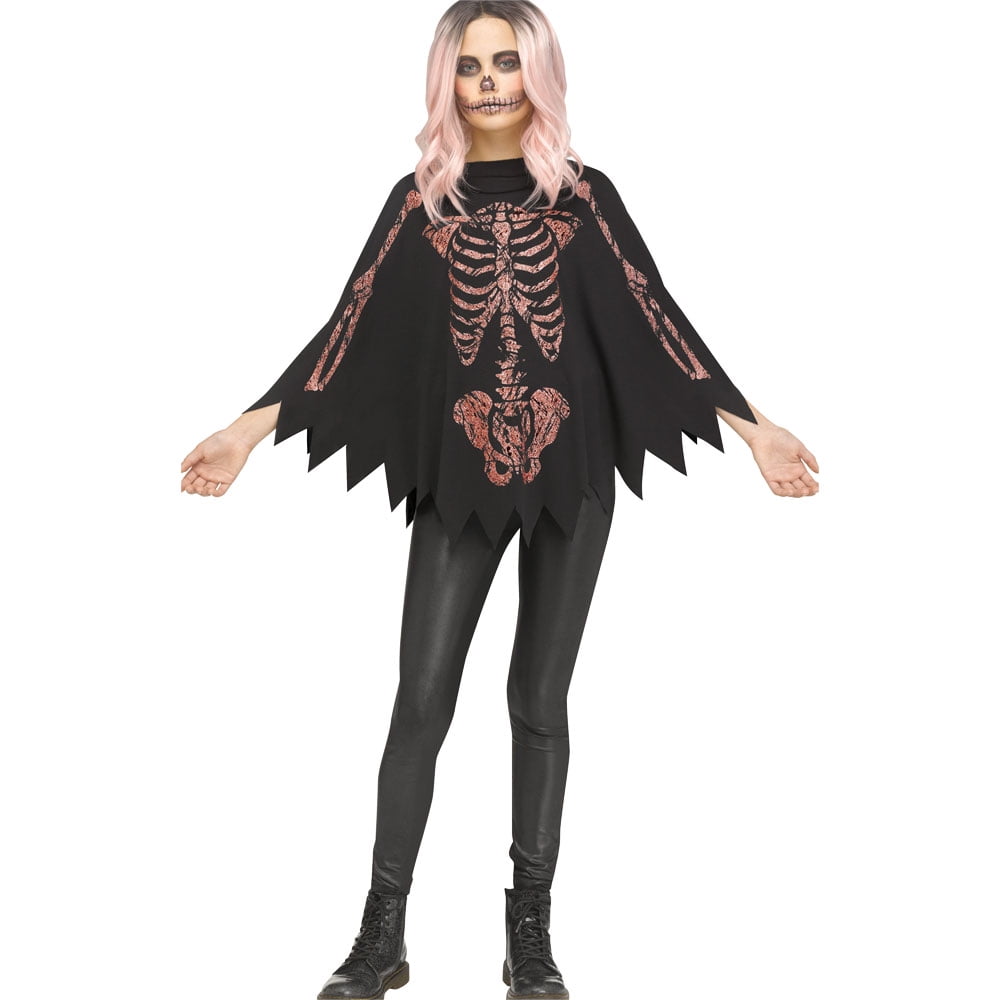 Adult Womens Day Of Dead Skeleton Sugar Skull Halloween Easy Costume Poncho Cape 