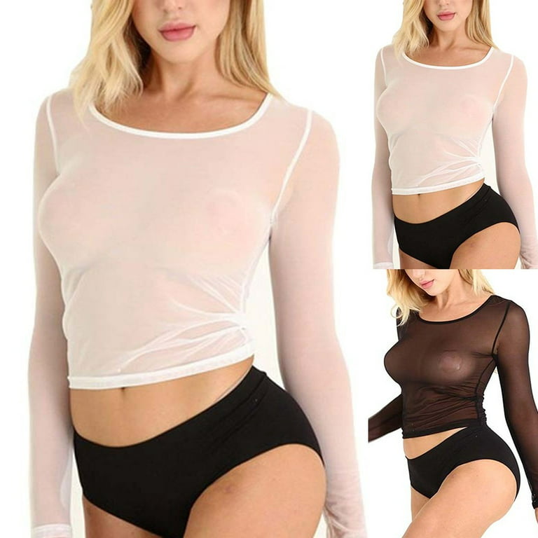 Womens Sheer Mesh Short Sleeve Crop Top Sexy See Through Gauze Blouse