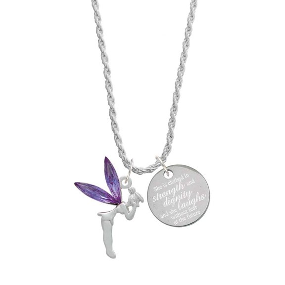 Delight Jewelry Silvertone Large Fairy with Purple Wings She is Clothed in Stength and Dignity Charm Necklace, 20" 3"