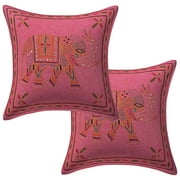 Stylo Culture Indian Couch Throw Pillow Covers 16 x 16 Elephant Gold Thread Embroidered Pink Ethnic 40x40 cm Home Decor Cotton Square Cushion Covers | Set Of 2