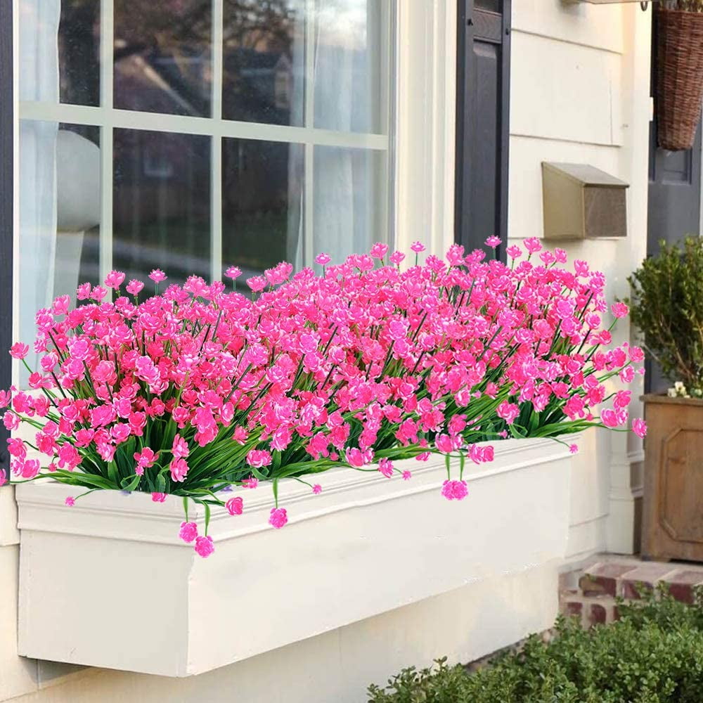 8 Bundles Outdoor Artificial Fake Flowers UV Resistant Shrubs Plants, Faux Plastic Greenery for Indoor Outside Hanging Plants Garden Porch Window Box Home Wedding Farmhouse Decor (Orange Red)