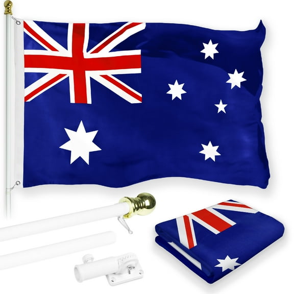 G128 Combo Pack: 6 Feet Tangle Free Spinning Flagpole (White) Australia Australian Flag 3x5 ft Printed 150D Brass Grommets (Flag Included) Aluminum Flag Pole