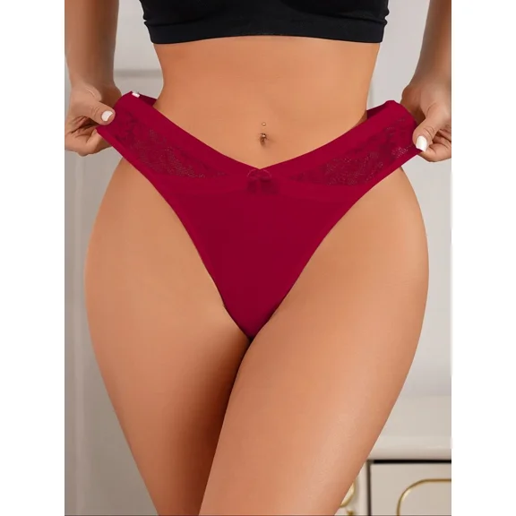 Burgundy Lace Bow Front Thong Panty With Floral Sheer Trim