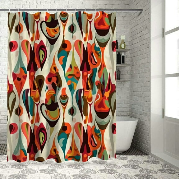 Fenyluxe Retro Shower Curtain, Sixties and Seventies Style Geometric Round Shaped Design with Warm Colors Print, Cloth Fabric Bathroom Decor Set with Hooks, Orange Cream White