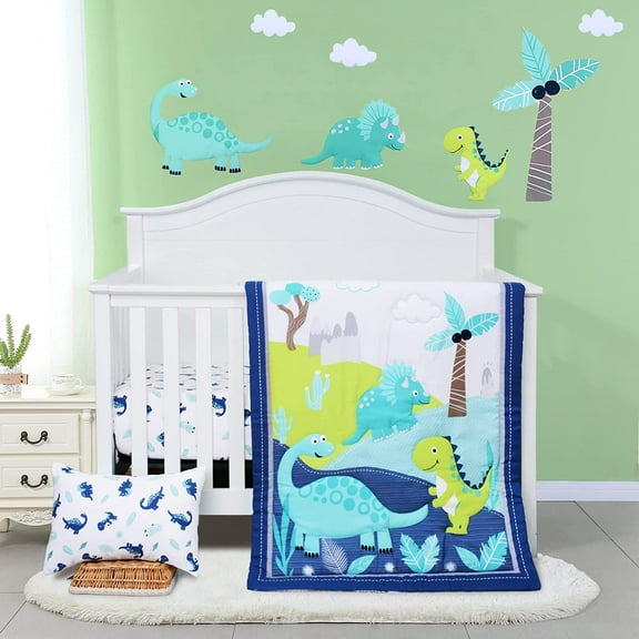JISEN Dinosaur 4pc Crib Bedding Set for Boys - Includes Comforter, Sheet, Pillowcase, Diaper Stacker