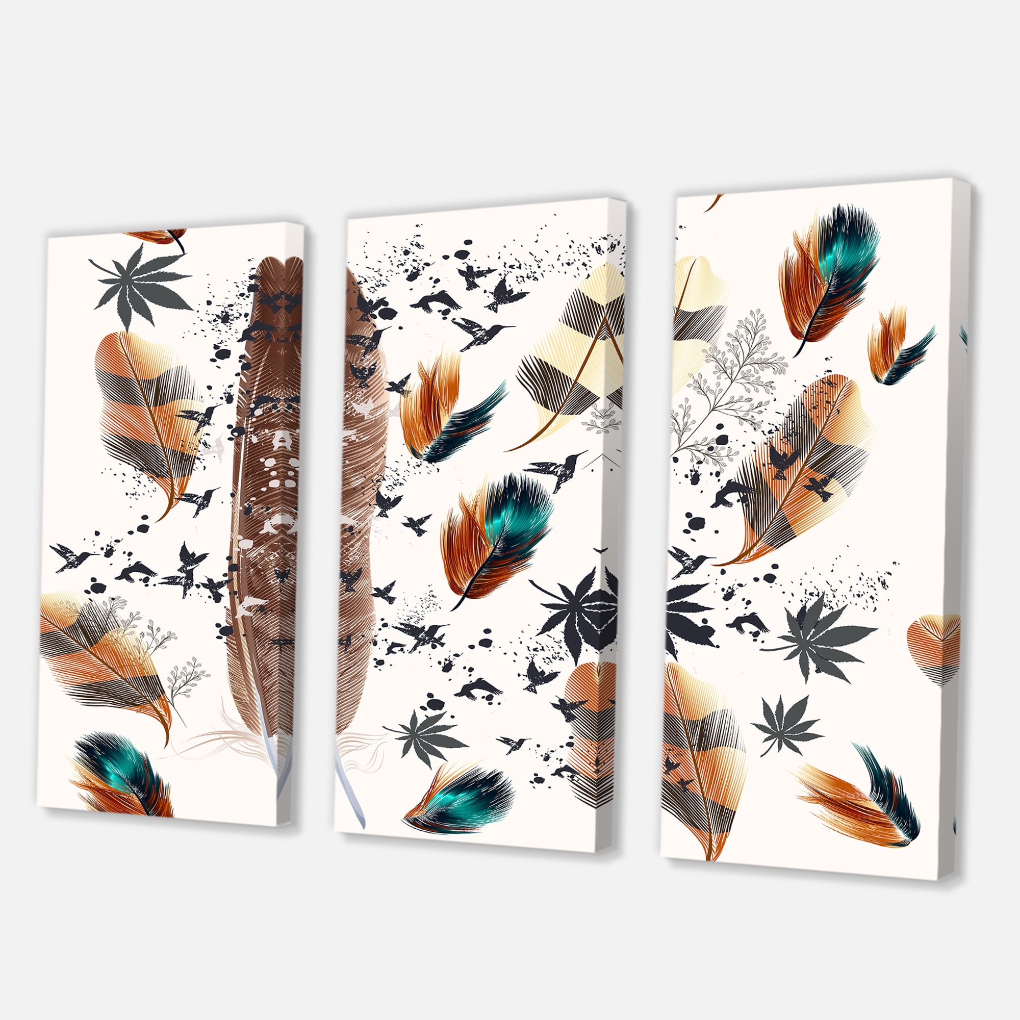 Designart ' Multicolored Feather Pattern With Floral ' Bohemian & Eclectic Canvas Wall Art Print