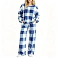 thumbnail image 7 of Two Piece Plaid Set for Women Long Sleeve Crew Neck Tops Wide Leg Pants Fall Winter Thicken Warm Soft Lounge Home Wear (M, Blue), 7 of 7