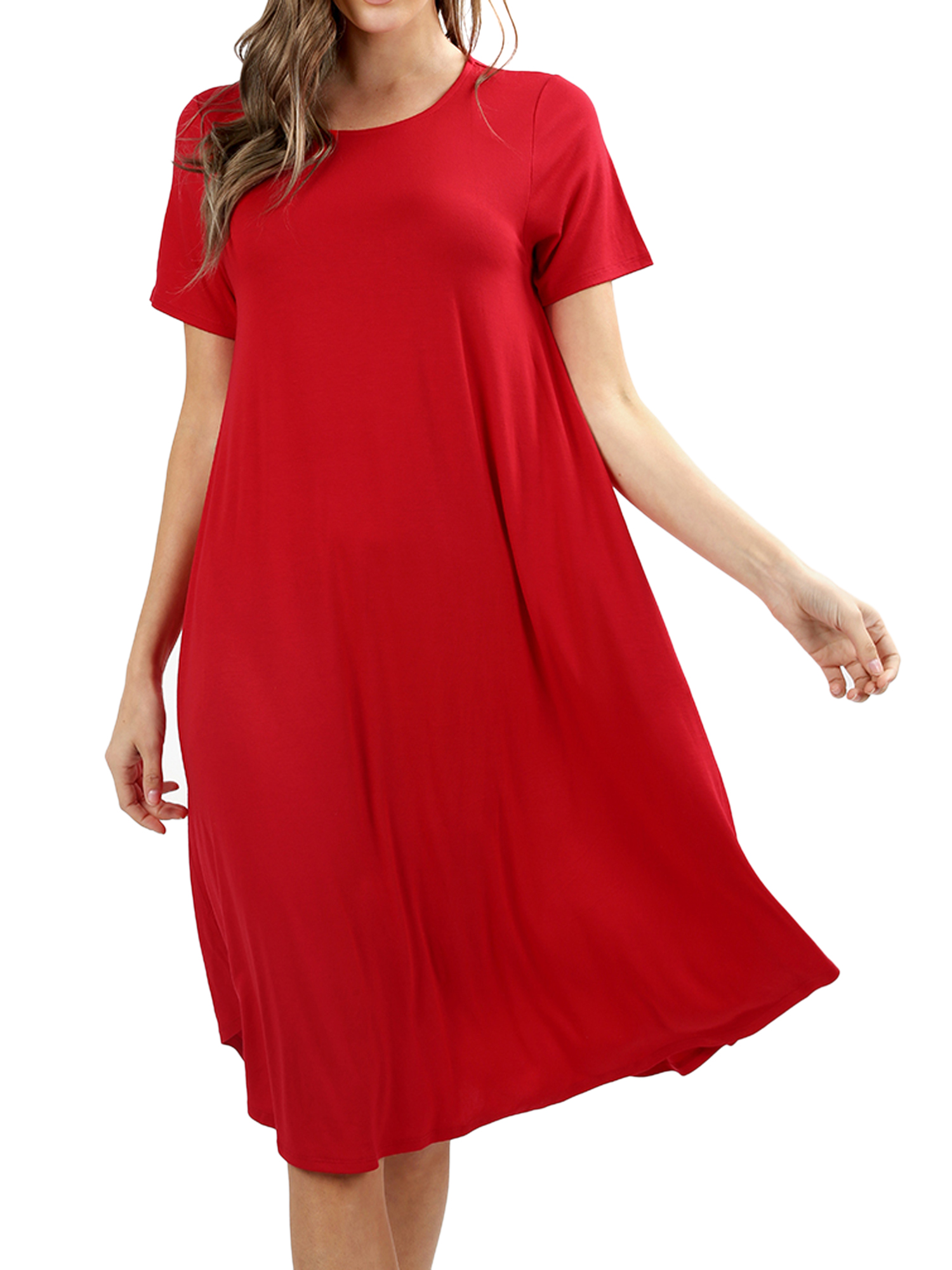 Womens & Plus Round Neck Short Sleeve Knee Length ALine Swing Trapeze Dress (Ruby, S)