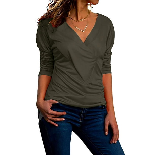 Nlife - Women's Cross V Neck Long Sleeve Solid Color Shirt - Walmart ...