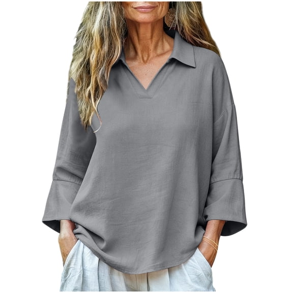 3/4 Sleeve Collared Casual Tunic Tops for Women Flared Cuff Solid Color Blouses Perfect for Spring Summer Daily Work and Vacation Wear