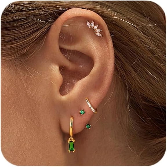 14K Gold Plated Earring Sets For Women Dainty Stud Huggie Hoop Earrings For Multiple Piercing Hypoallergenic Small Hoop Dangle Earrings Cartilage Earring Set[Z473]