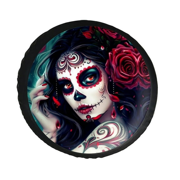 KAKALAD Rose Sugar Skull Girl 02 Spare Tire Cover PVC Leather Universal Vehicle Accessories Buckle Car Tools 14”in