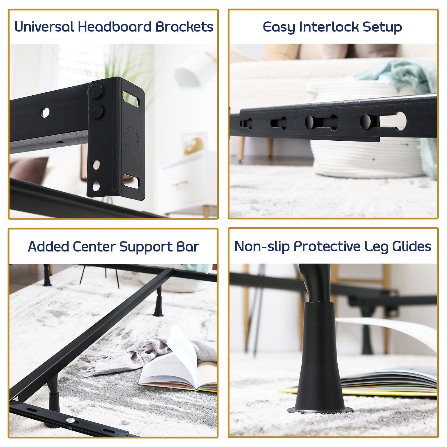 Nestl Adjustable Metal Bed Rails - Metal Adjustable Bed Frame with Bed Center Support Leg 5.25” H Low Bed Frame - Expands from Twin Size Bed Frame to Full Bed Frame, Metal Queen Bed Frame, Black