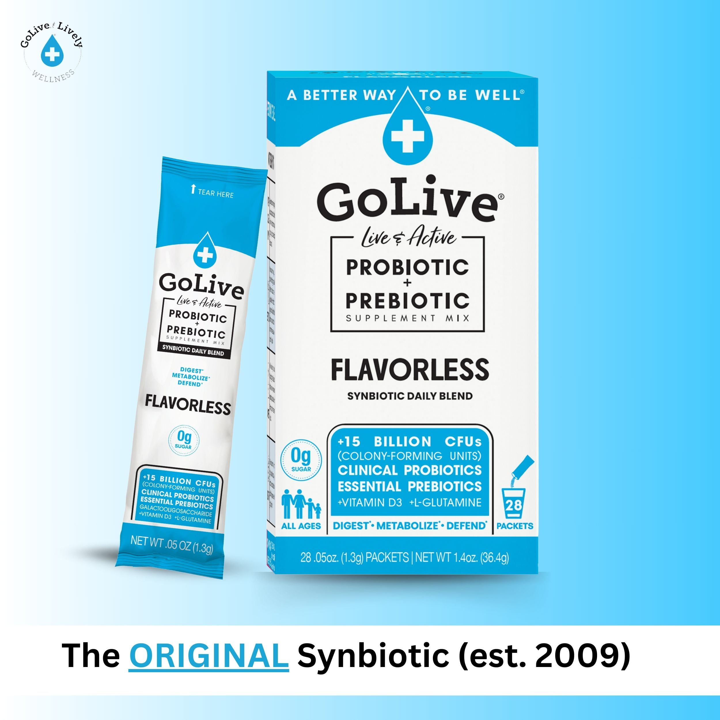 GoLive Prebiotic & Probiotic for Women, Men, Kids. Flavor-Free, Sugar-Free, Synbiotic Powder w/ GOS, L-Glutamine, Vitamin D3, Electrolytes. For Gut Health, Digestion, Metabolism, Immunity 15-50B CFUs