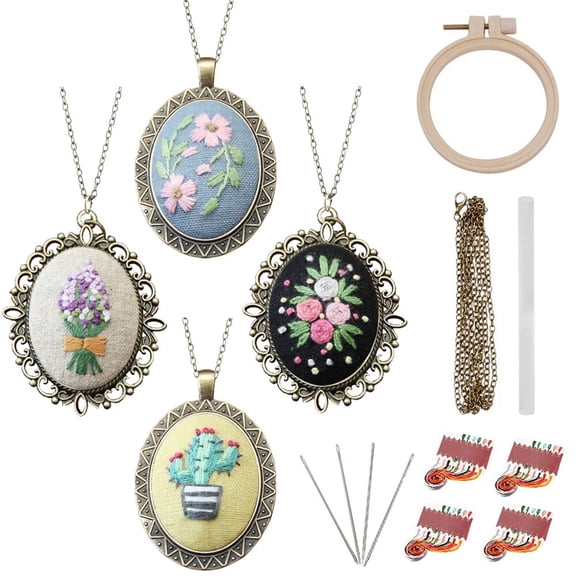 4 Packs Embroidery Necklace Kit,Embroidery Pendant Kit Mini Cross Stitch Kit with Hoop,Necklace,Pendant,Stamped Pattern Cloth,Instructions,etc.,Embroidery Kit for Adults