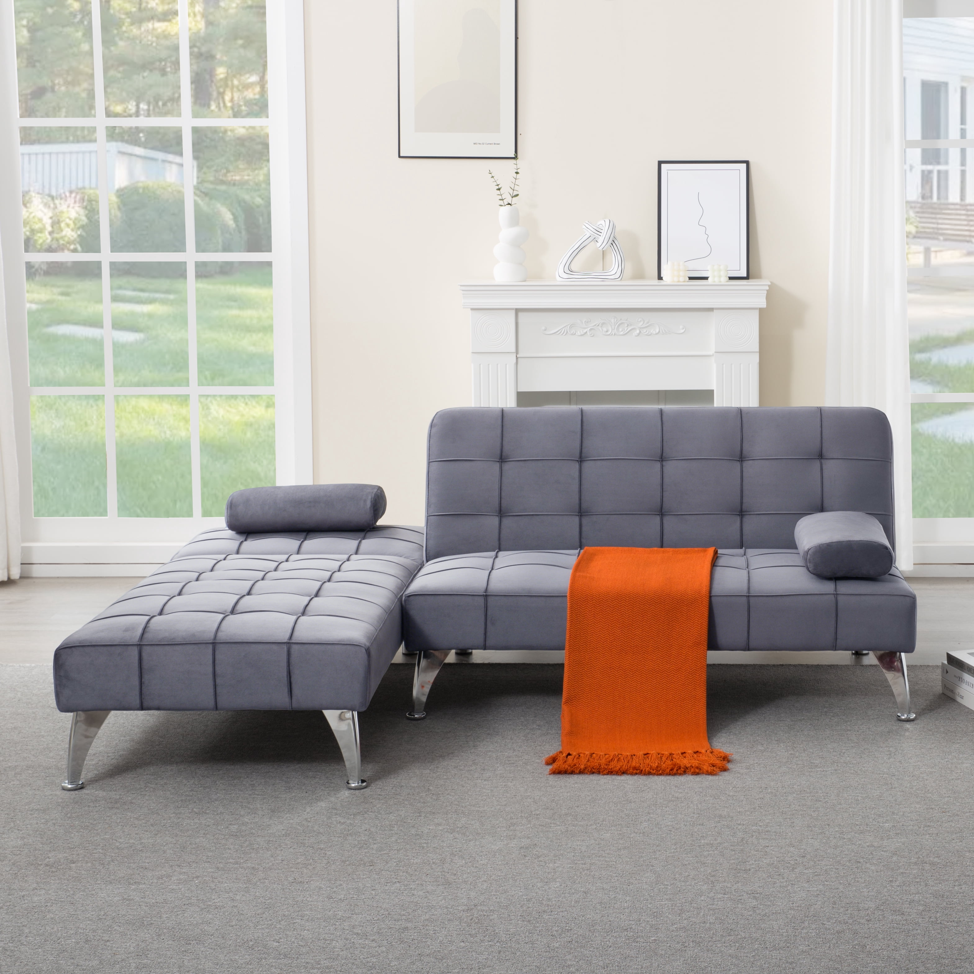 Gewnee 78.35”L-Shaped Velvet Reversible Sectional Sleeper Sofa,Futon Sofa with Adjustable Split Back & Chaise,Couch for Home,Office and Guest Room.Dark Grey