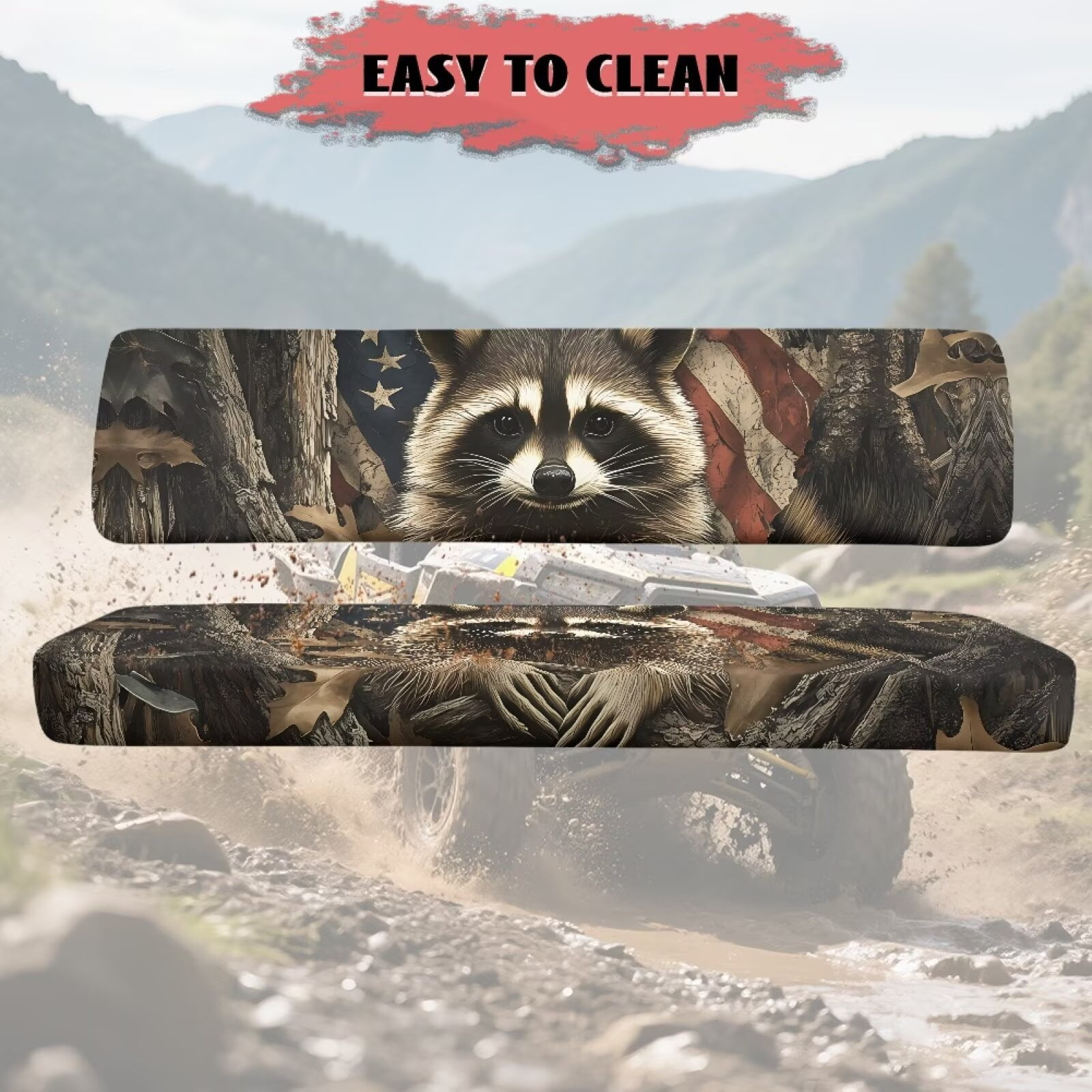Uorisanigo UTV Seat Cover for Kawasaki Mule 4010 4x4 2009-2025, Non-Slip Mule Front Bench Seat Cover with Elastic Band, American Flag Camo Raccoon Hunter UTV Seats Accessories
