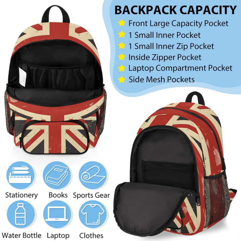 backpacks for laptops uk Herdesigns Union Jack Backpack with Lunch Box Retro United Kingdom Flag  Lightweight Large Travel Work Laptop Backpacks Set Casual Daypacks