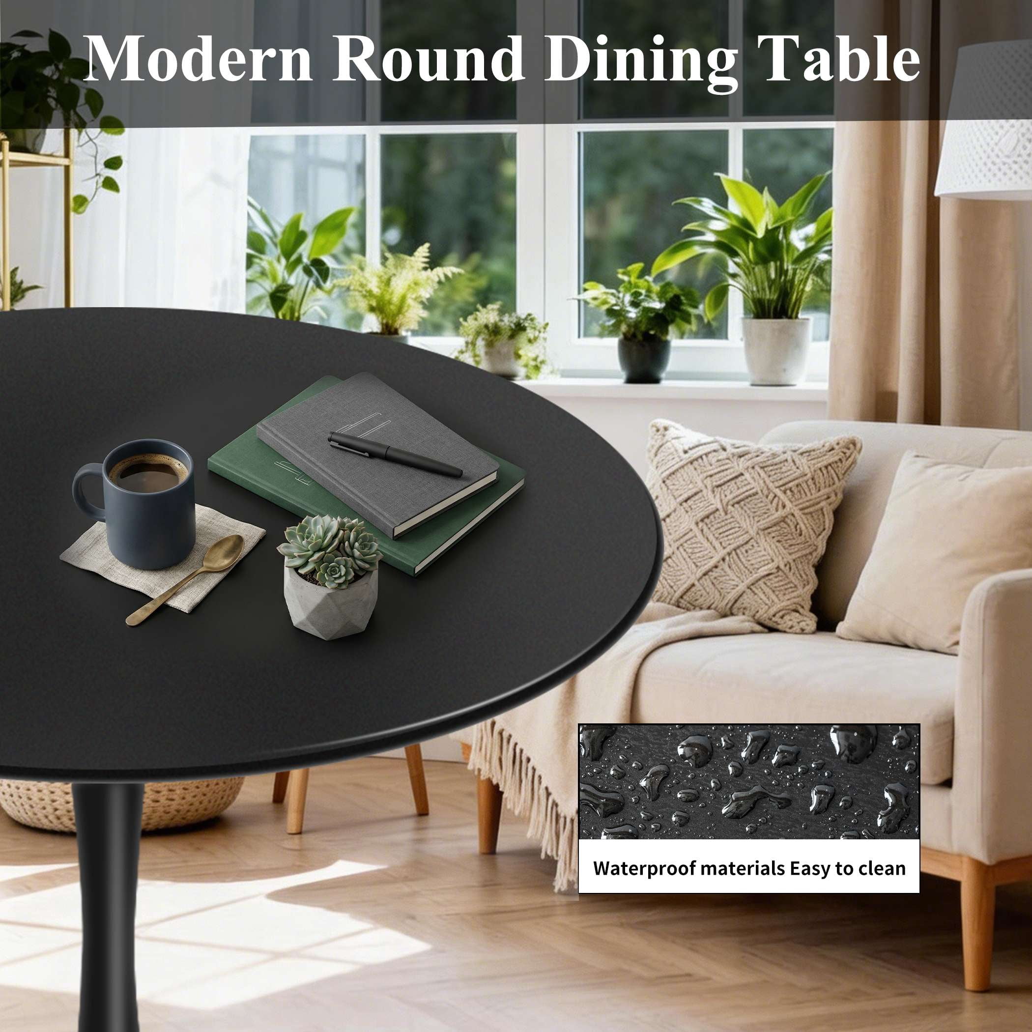 32" Round Dining Table/Tulip Table, Mid Century Modern Wood Dining Table, Black