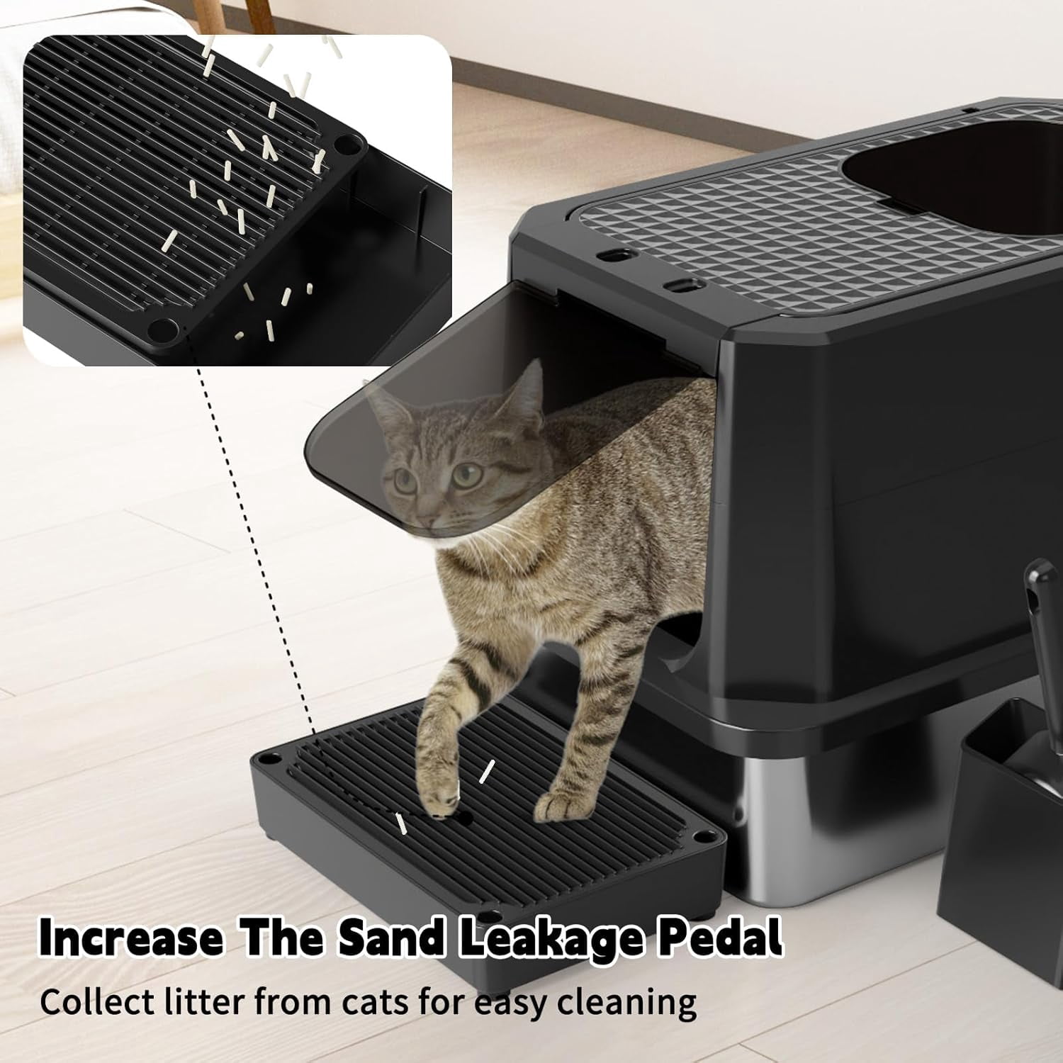 Enclosed Cat Litter Box: All Black Stainless Steel - Odor-Resistant & Easy Wipe Clean - Teflon Non-Stick Coating for Quick Cleaning - Large Top-Exit Pan for Modern Homes Garage