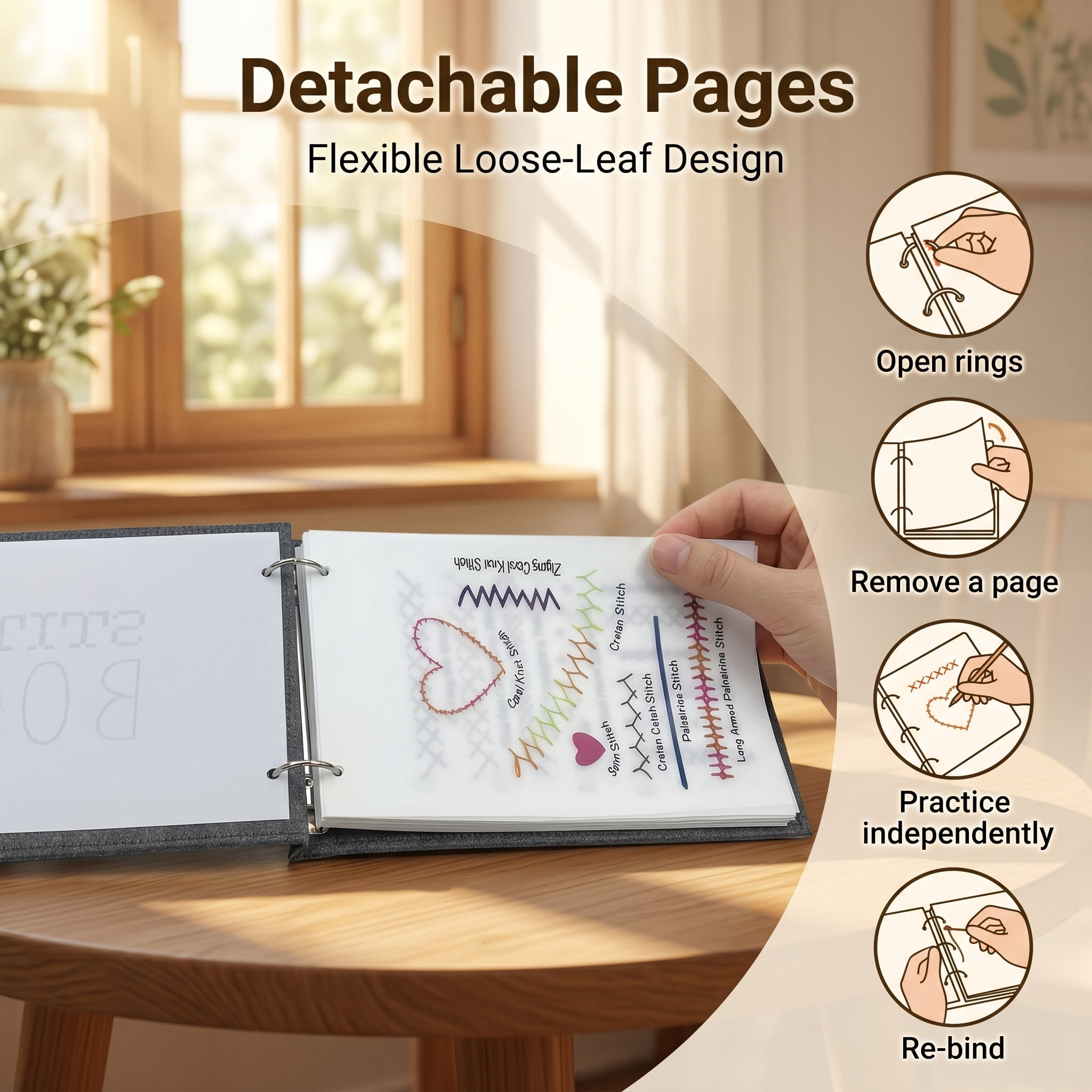 DYONDER Beginner Embroidery Practice Notebook, Detachable Pre-Printed Fabric Sheets, Hand Sewing DIY Craft Gift Supplies