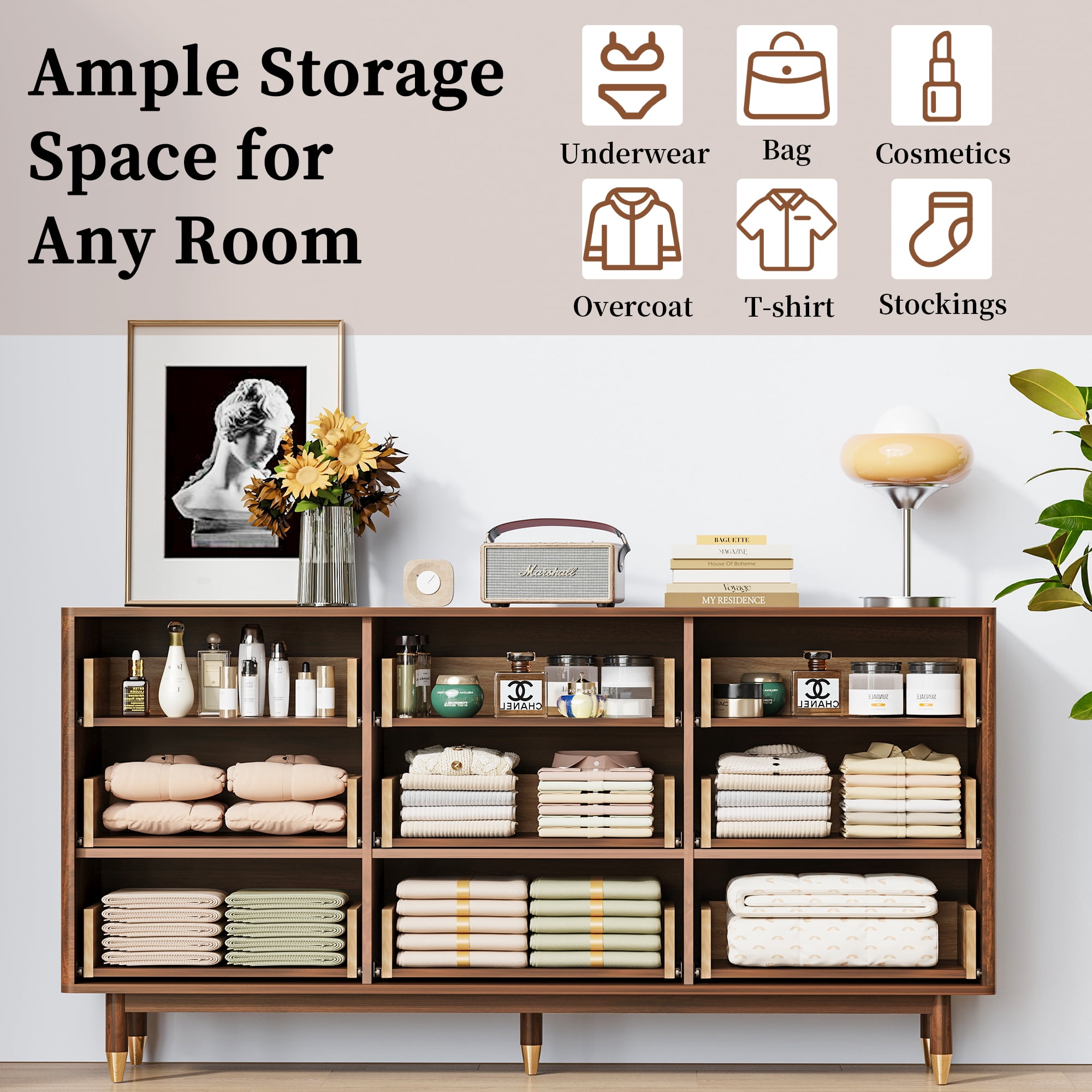 LEFHDA Fluted 9-Drawer Dresser for Bedroom with Deep Drawers, 60" Wide Mid Century Modern Chest of Drawers, Wooden Dresser TV Stand for Living Room, Hallway, Closet (Walnut)