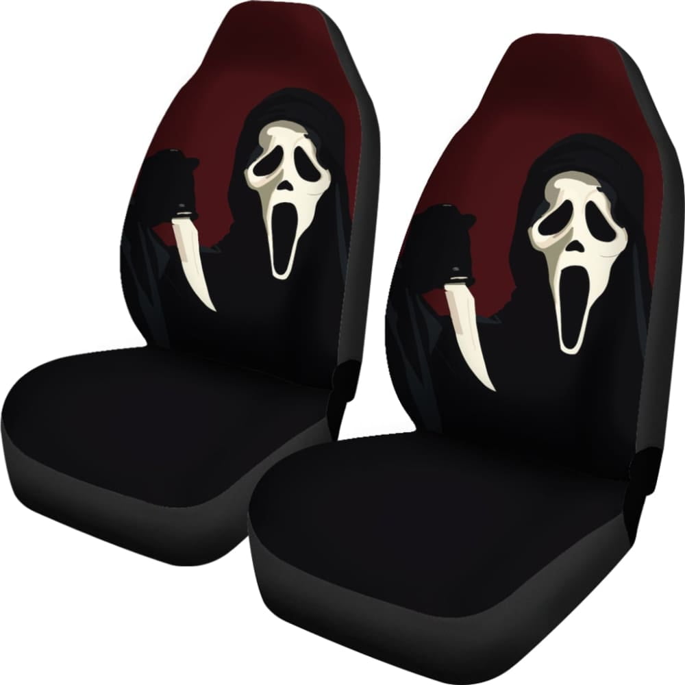 Scream Ghostface Black Red Car Seat Covers Set 2Pc With Foaming Lining, Halloween Decorative Automotive Car Decor. Horror Movies Halloween Car Decor