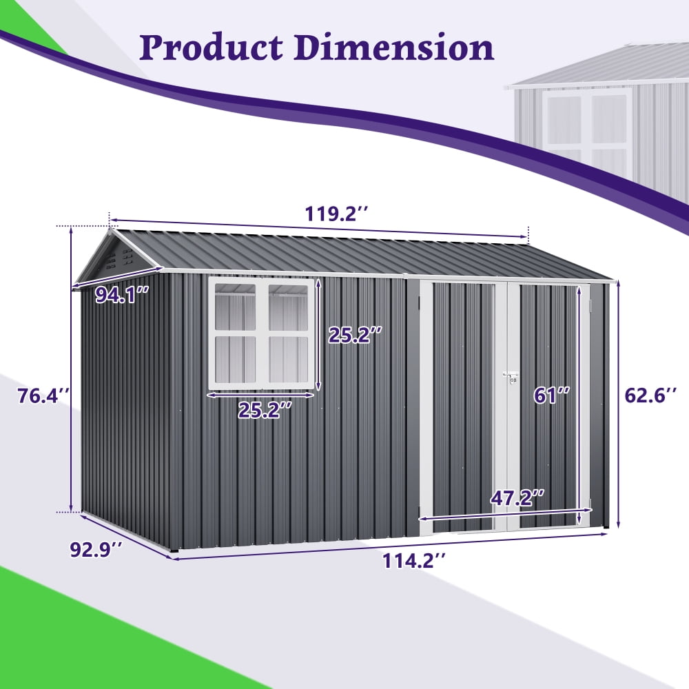 10x8FT Outdoor Steel Storage Shed - Lockable Doors & Clear Window for Garden/Patio Tools