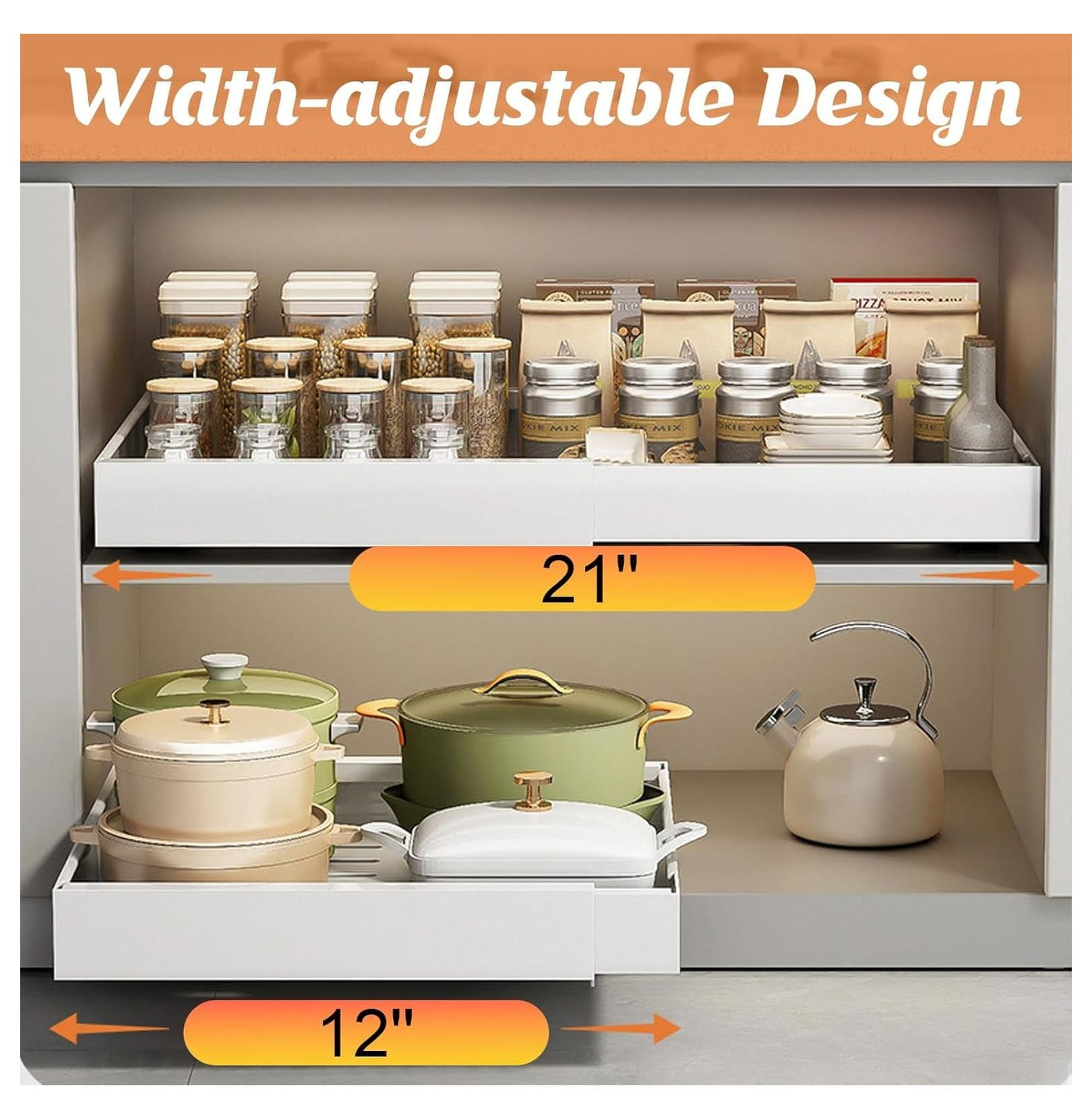Pull Out Cabinet Organizer 2PC, 21" Deep Expandable Shelves (12-21") for Kitchen, Bathroom, Under Sink - Adhesive & Screw Installation
