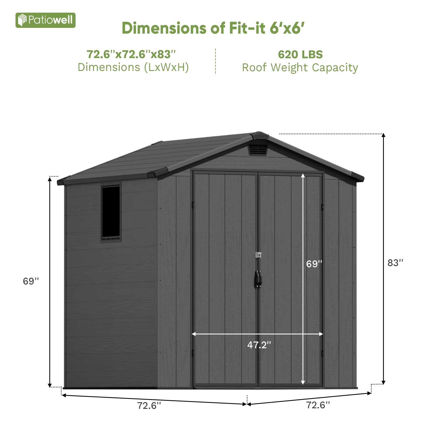 Patiowell 6'x6' Resin Storage Shed, Lockable Door & Window, Durable All-Weather Outdoor Shed for Garden & Tool Storage, Dark Gray