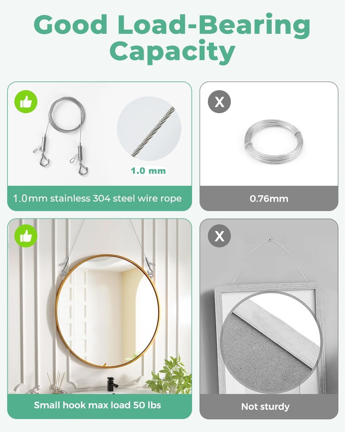 Picture Hanging Wire Kit, 4Pcs Adjustable Frame Wire 2m x 1mm Small Hs Heavy Duty 50lbs, 8pcs 3-Hole D Rings Picture Hangers with Screws, for Canvas Paintings/ Mirrors/ Frames